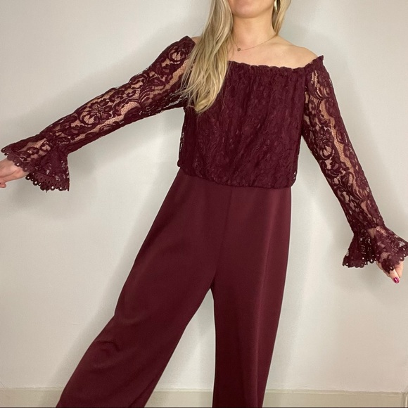 Adrianna Papell Burgundy Lace Long Sleeve Jumpsuit - Picture 6 of 13